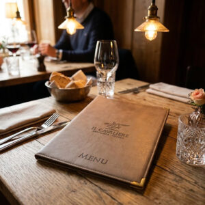 Menu Carta dei Vini in Ecopelle Viti e Fettuccia con Inserti in Krystall Formato A4