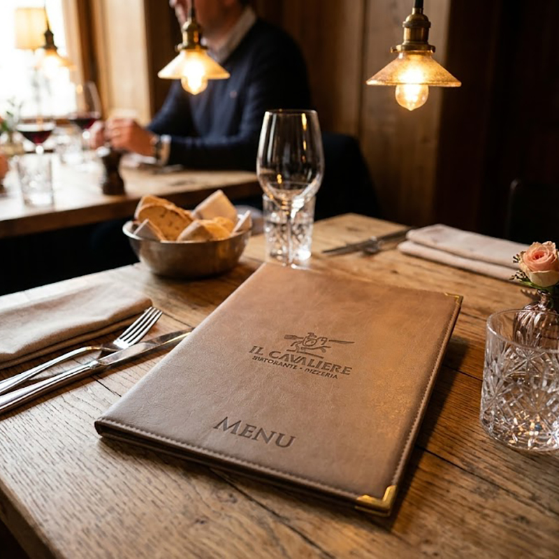 Menu Carta dei Vini in Ecopelle Viti e Fettuccia con Inserti in Krystall Formato A4